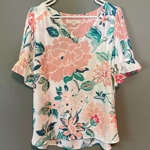 Loft Floral Puff Sleeve V-Neck Top size M